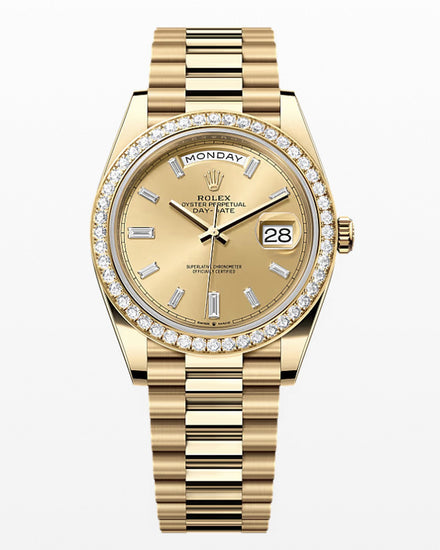 Rolex Yellow Gold Day-Date Champagne Baguette Dial & Diamond Bezel 40mm