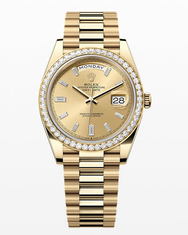 Rolex Yellow Gold Day-Date Champagne Baguette Dial & Diamond Bezel 40mm