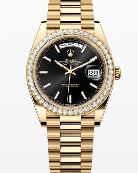 Rolex Yellow Gold Day-Date Black Baguette Dial & Diamond Bezel 40mm
