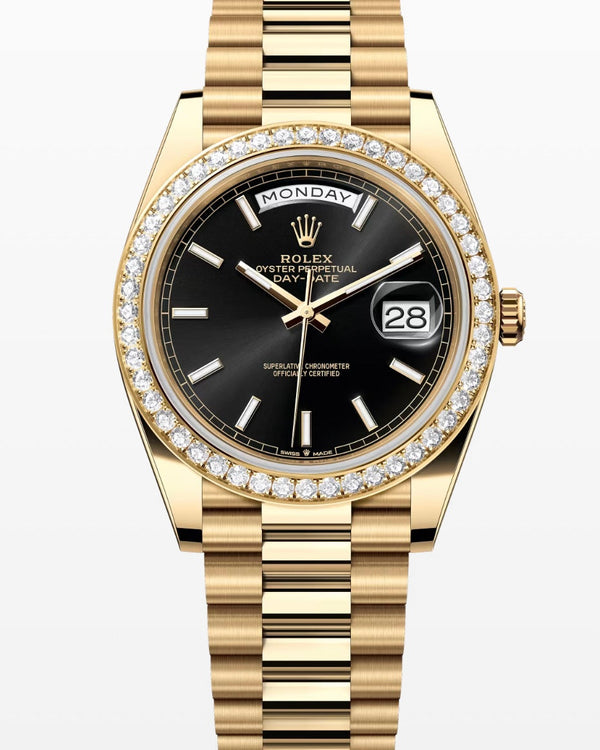 Rolex Yellow Gold Day-Date Black Baguette Dial & Diamond Bezel 40mm