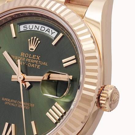 Rolex Rose Gold "60th Anniversary" Day-Date with a Fluted Bezel and Olive Dial 40mm