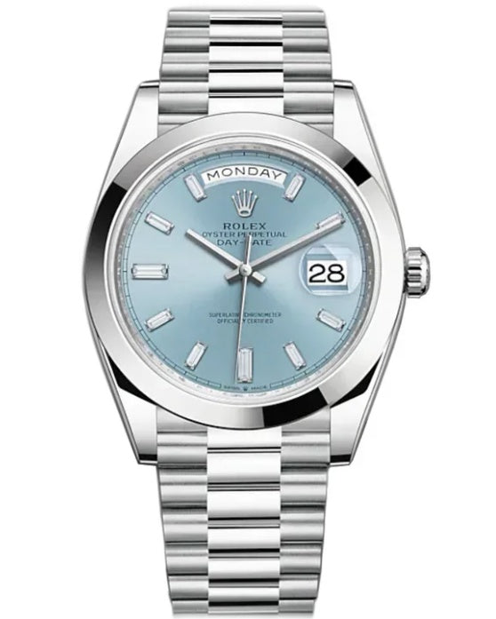 Rolex Platinum Day-Date with a Smooth Bezel and Ice Blue Baguette Diamond Dial 40mm