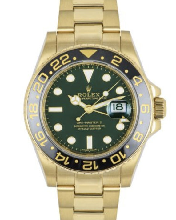 Rolex 18ct Yellow Gold GMT-Master II with Green Dial and Black Ceramic Bezel 40mm