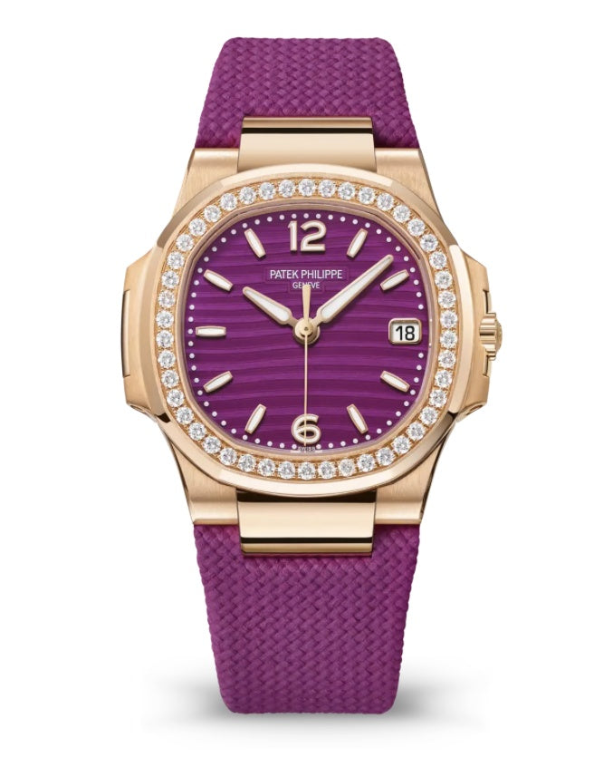 Patek Philippe Rose Gold Ladies Nautilus 7010R-013 with Purple Dial and Diamond Bezel 32mm